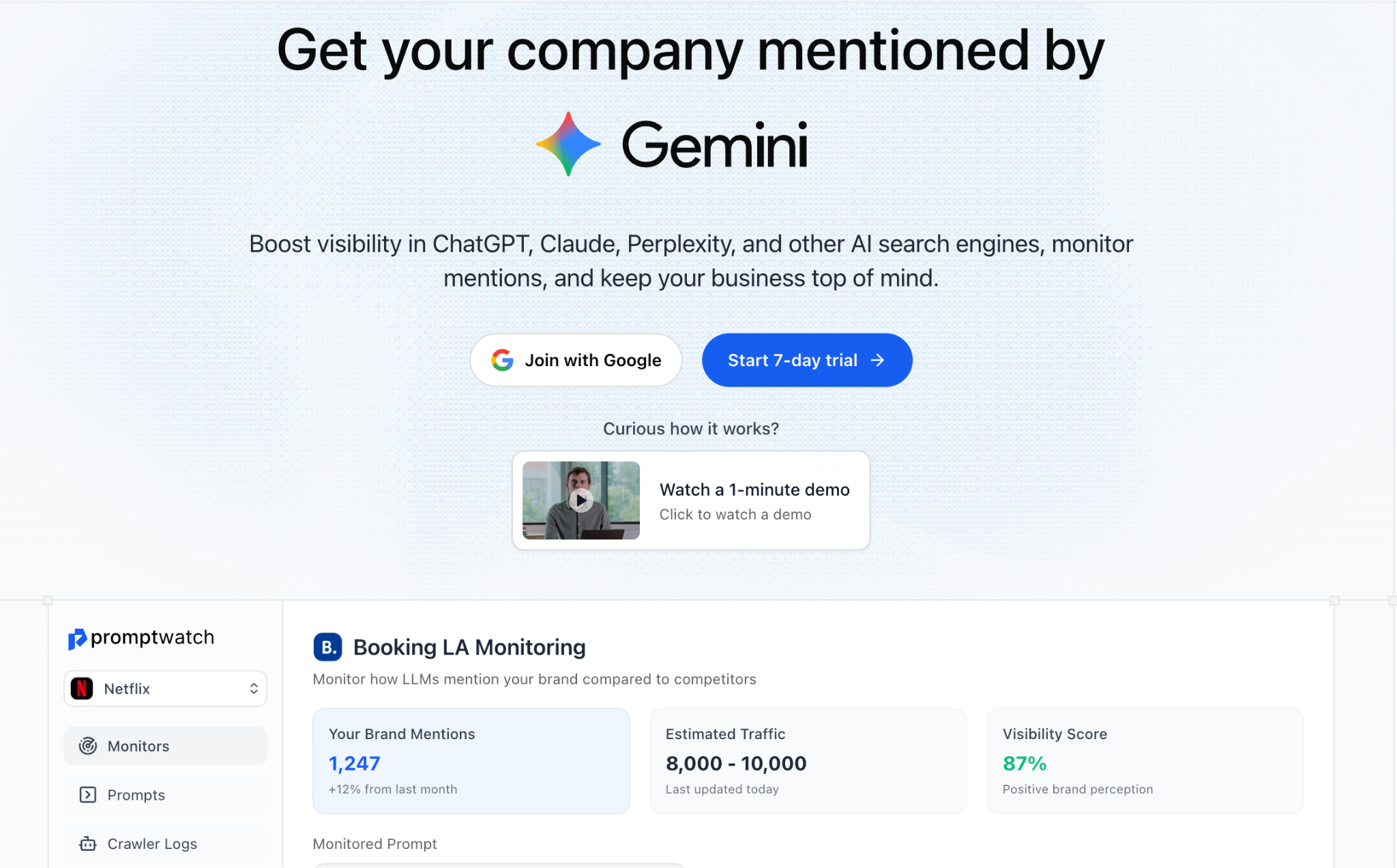 Promptwatch homepage displaying “Get your company mentioned by Gemini” The platform tracks brand mentions, citations, and visibility across ChatGPT, Perplexity, and other AI assistants, helping companies measure presence in generative responses.