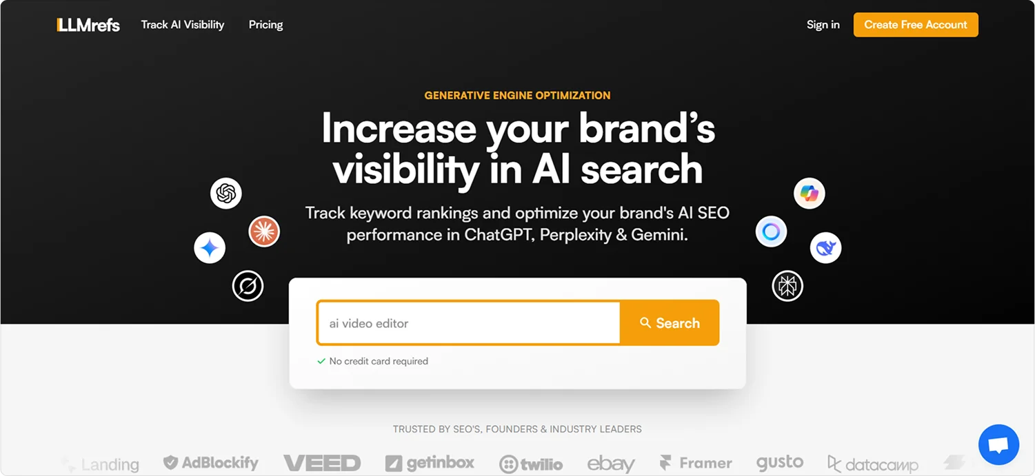 LLMrefs homepage with “Increase Your Brand’s Visibility in AI Search.” The site highlights tracking keyword rankings and optimizing brand performance in ChatGPT, Perplexity, and Gemini using Generative Engine Optimization.