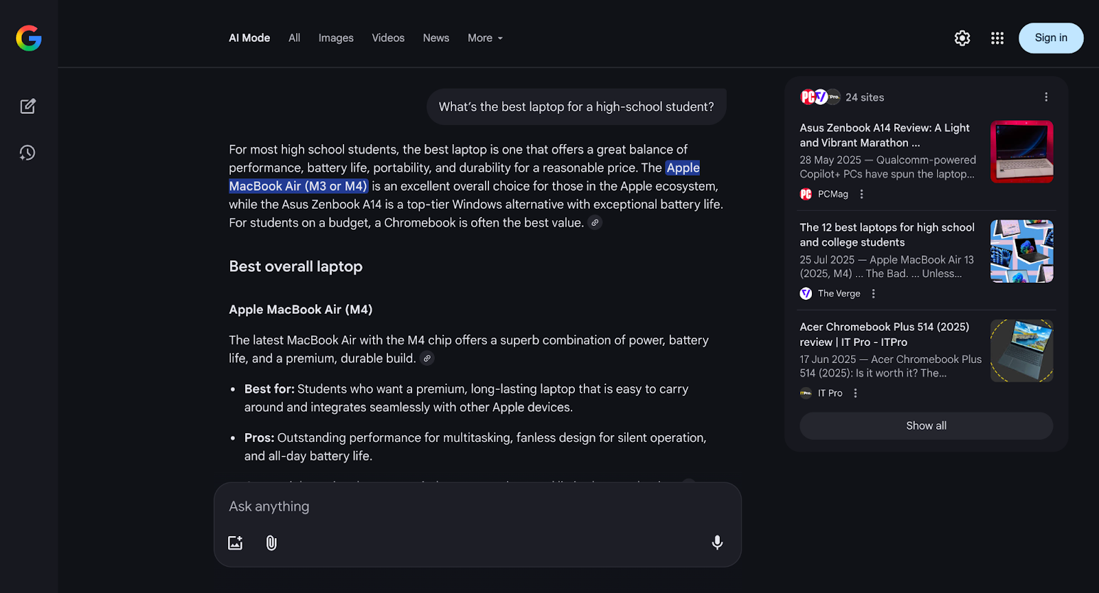 Google AI search result view where the question “What’s the best laptop for a high-school student?” produces a merged answer citing Apple, Asus, and Chromebook recommendations, illustrating multi-source AI synthesis.