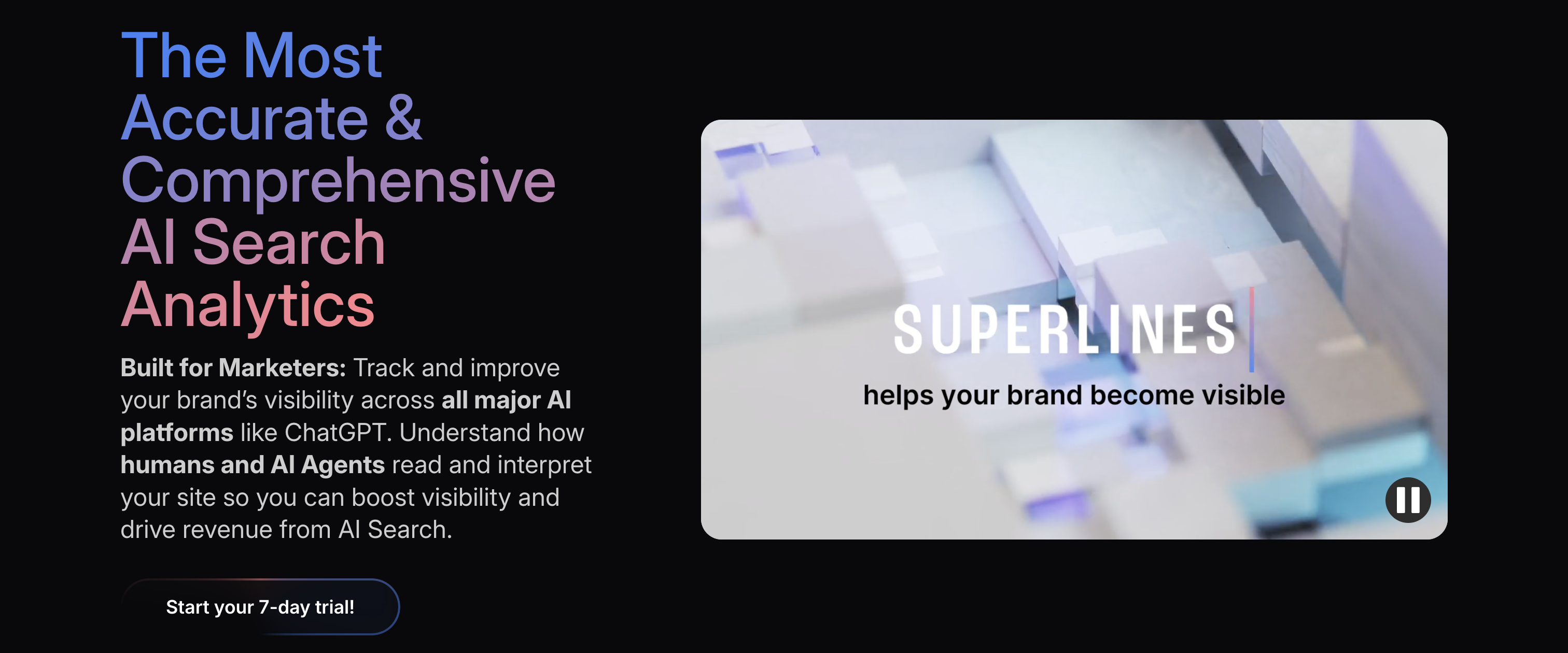 Screenshot of Superlines' homepage with the following text: "The Most Accurate & Comprehensive AI Search Analytics Built for Marketers: Track and improve your brand’s visibility across all major AI platforms like ChatGPT. Understand how humans and AI Agents read and interpret your site so you can boost visibility and drive revenue from AI Search."