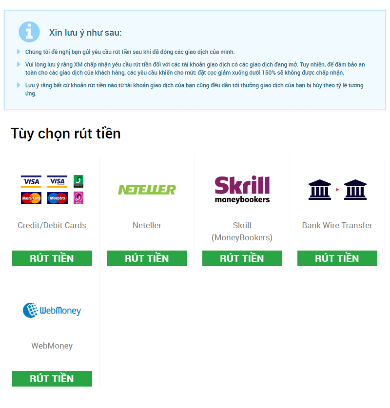 XM cung cấp đa dạng phương thức nạp rút tiền linh hoạt