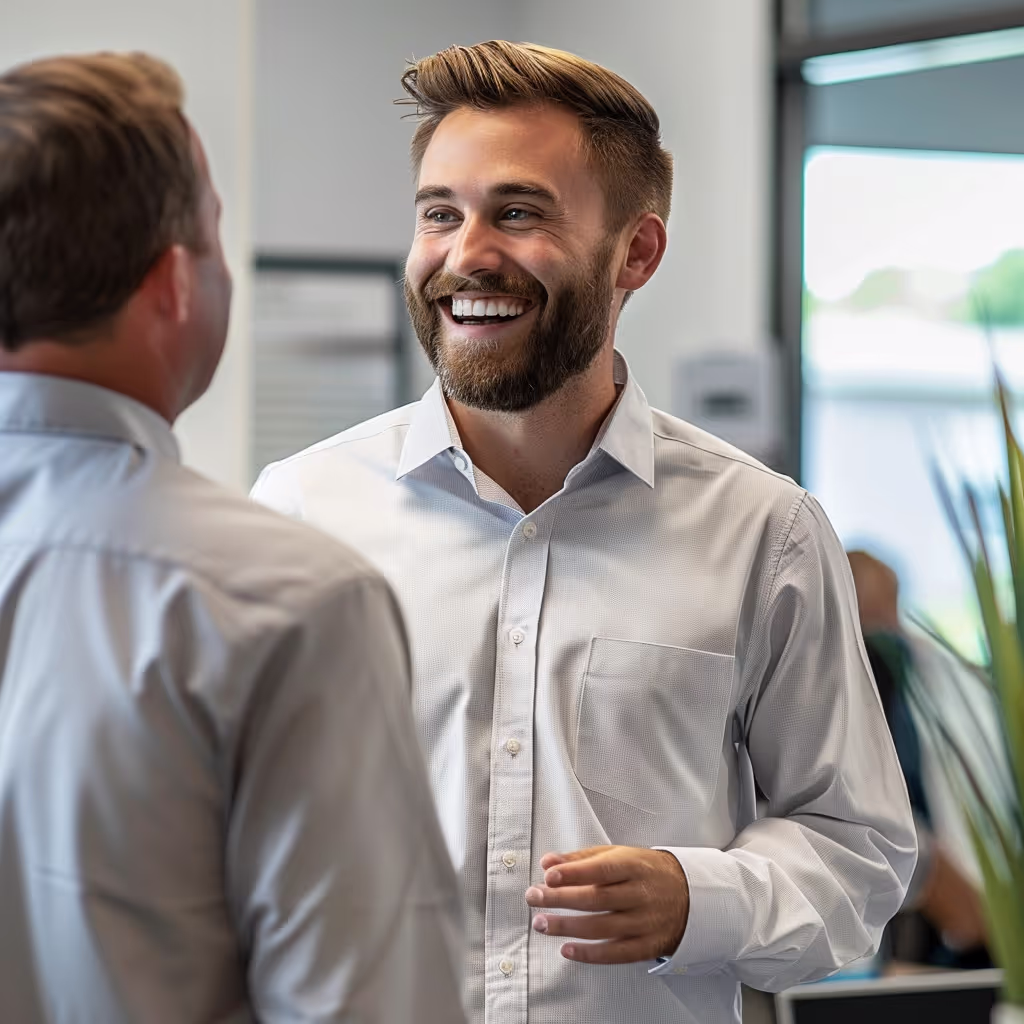 Two men standing and smiling in office