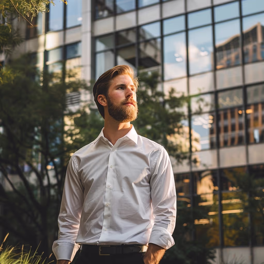 A man standing outside of office building 