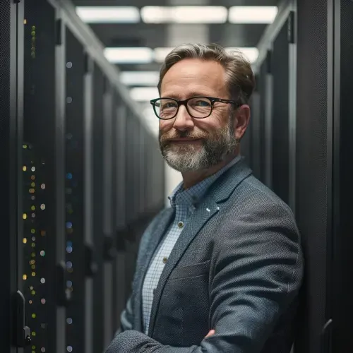 A man in a suite standing in a server room