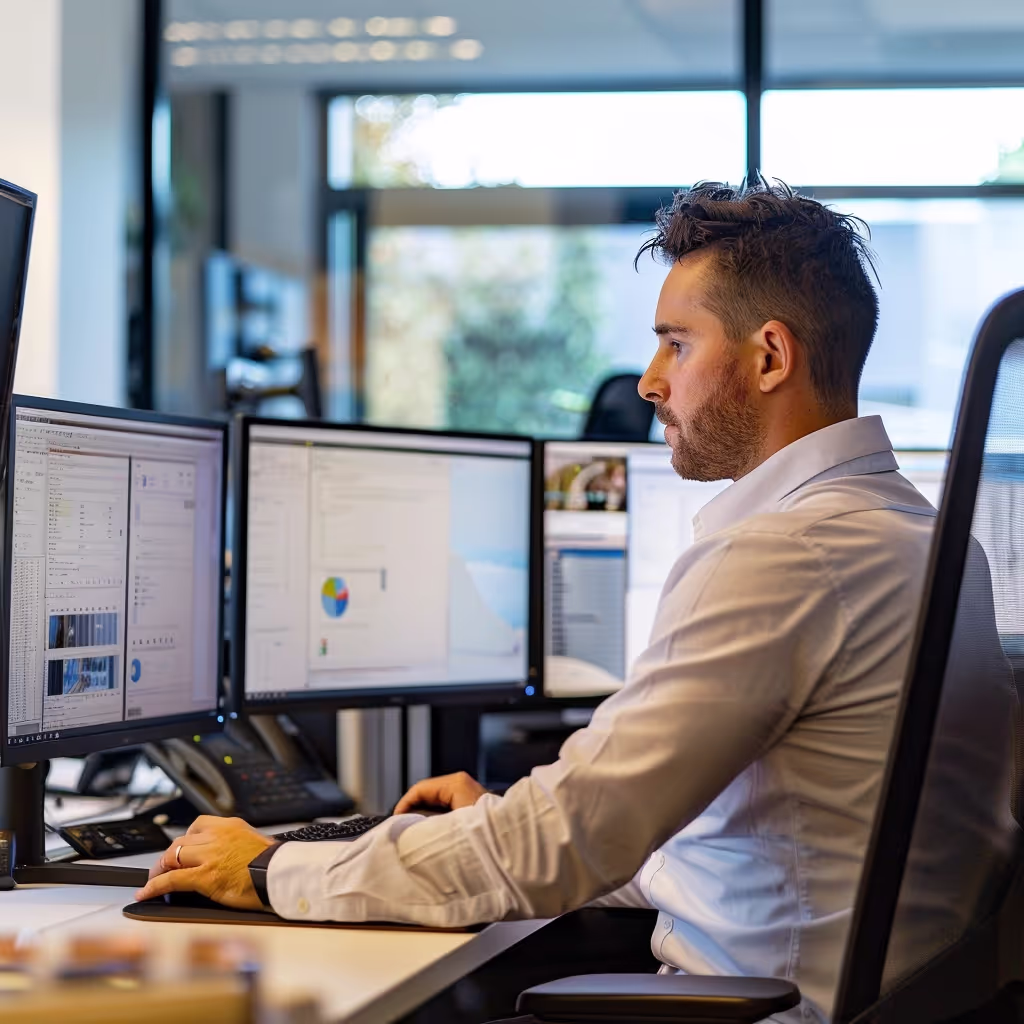 A technician sitting at a desk monitoring systems on a computer