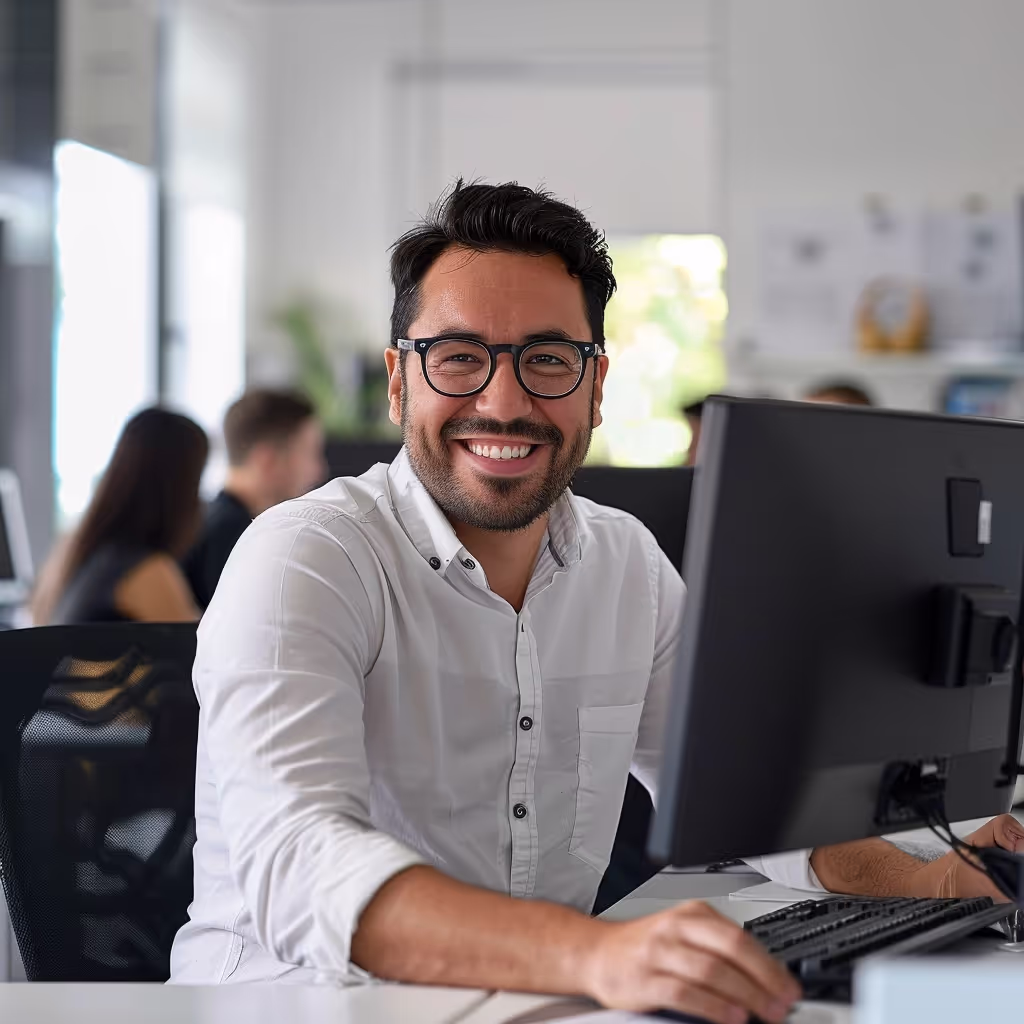 A man sitting at a desk in front of a computer smiling