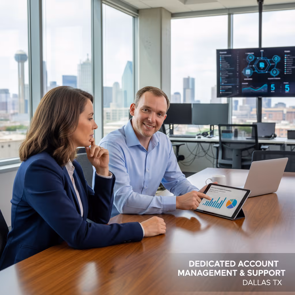 A picture of a man and woman sitting with dedicated account manager