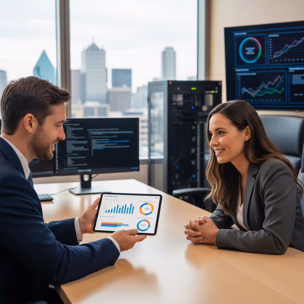 A man showing a report about systems on a tablet to a woman
