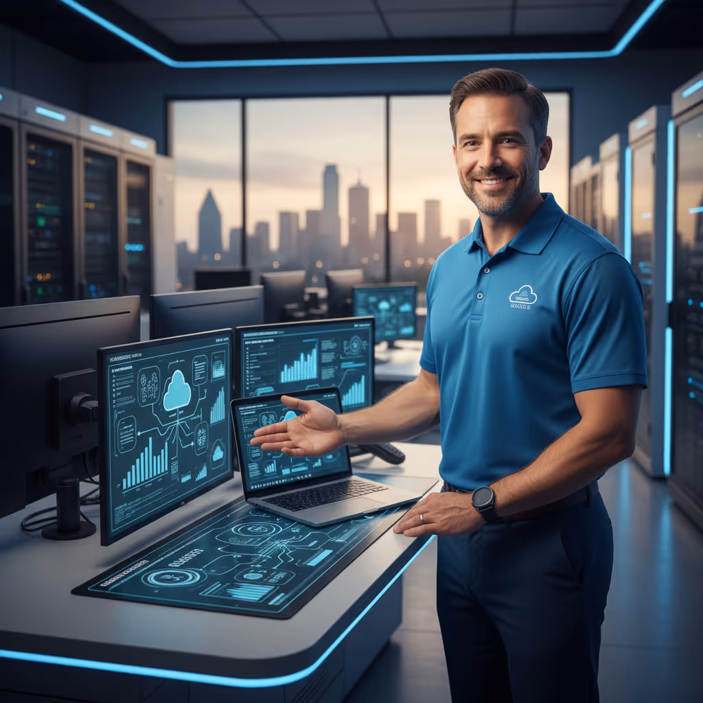A man showing and standing how cloud services work