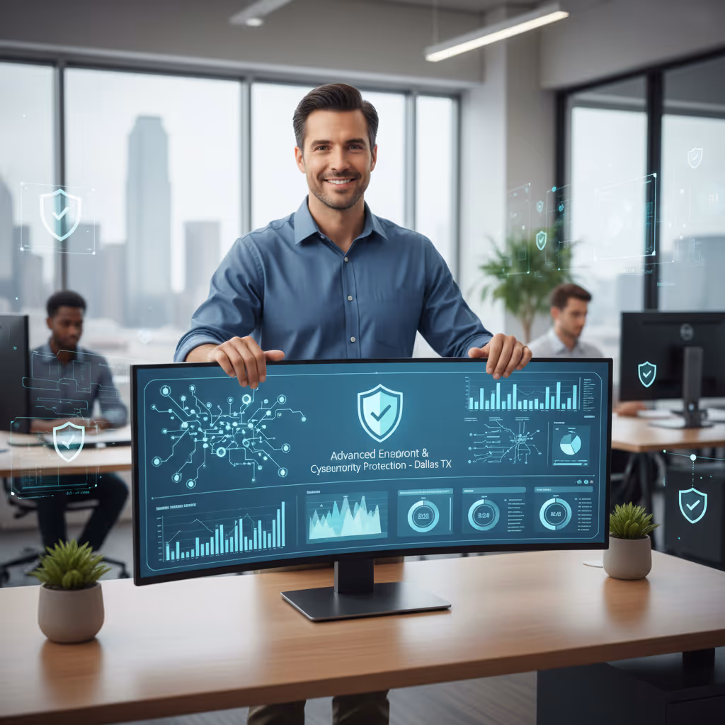 A person standing behind a computer monitor smiling