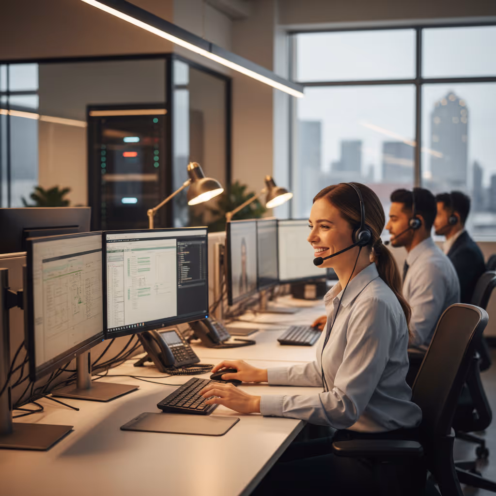 A picture of 3 helpdesk people answering phones
