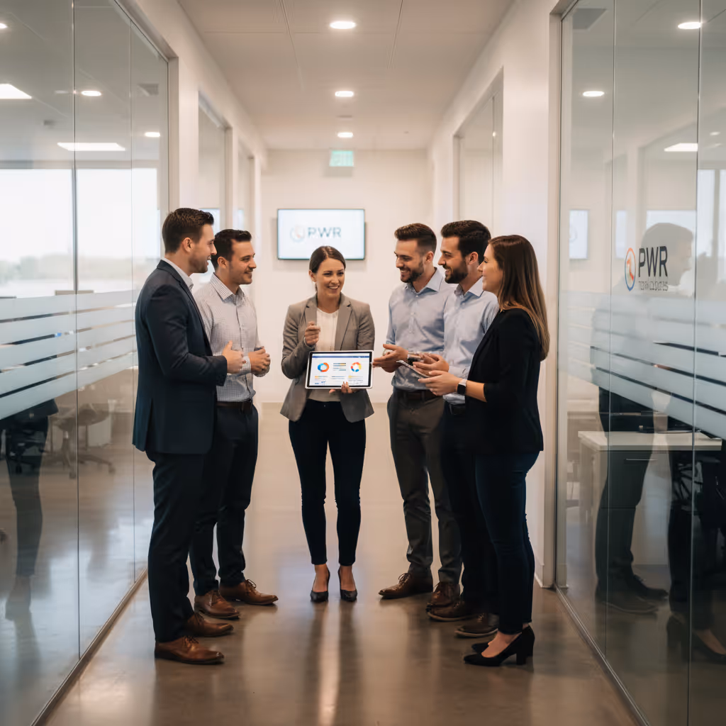 IT Team and customer standing in hall holding a tablet discussing goals
