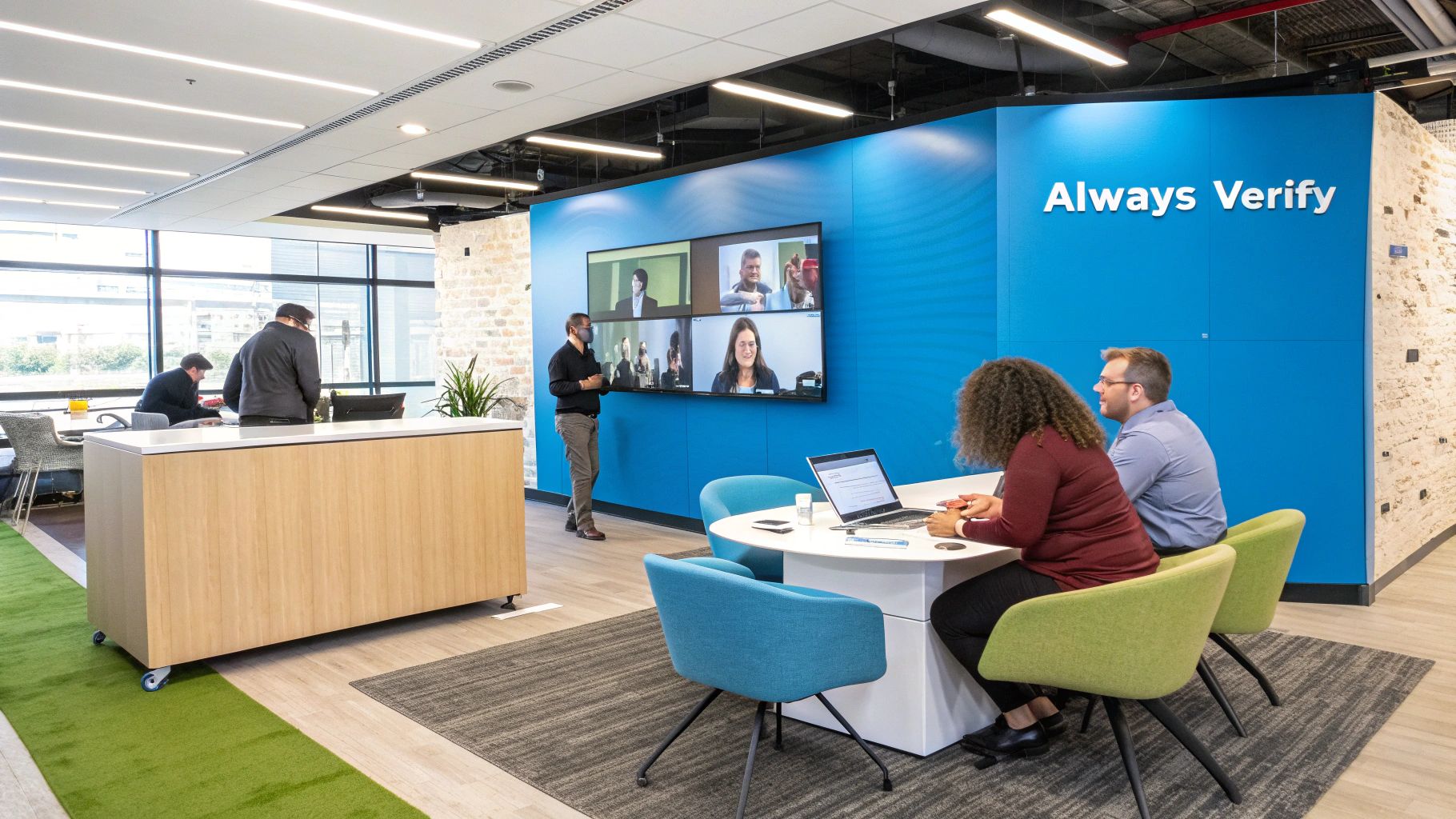 A professional team collaborating in a modern office, representing a secure business environment.