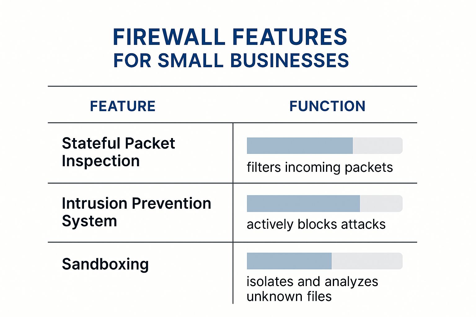 Infographic comparing firewall features: Stateful Packet Inspection, Intrusion Prevention System, and Sandboxing, with their respective functions.