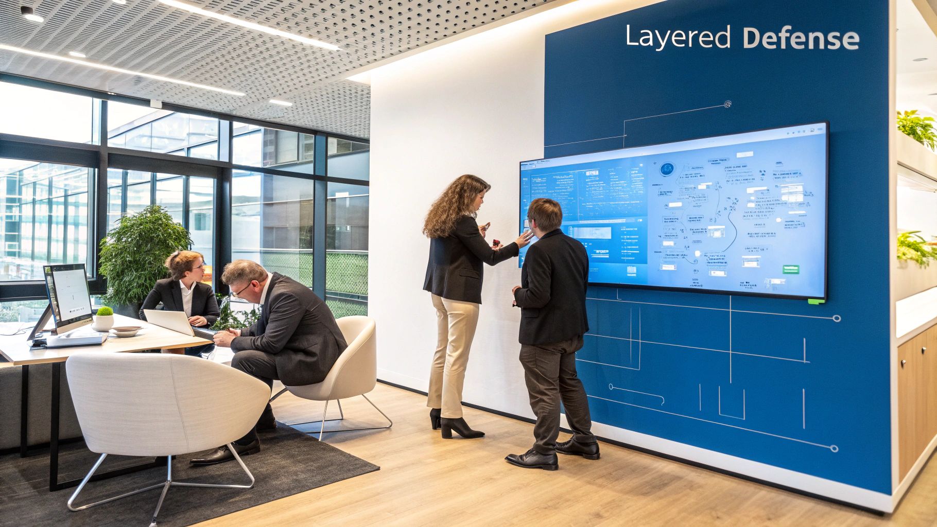 A network security professional monitoring firewall activity on a large screen with data visualizations.
