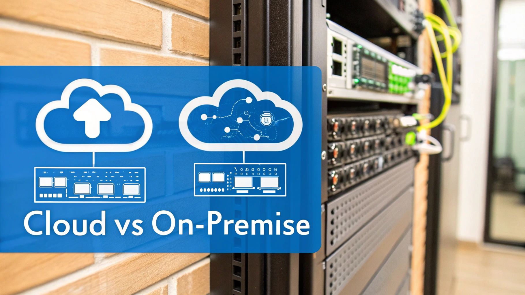 A split-screen image showing a server room for on-premise hardware and a cloud computing diagram for cloud-managed solutions.