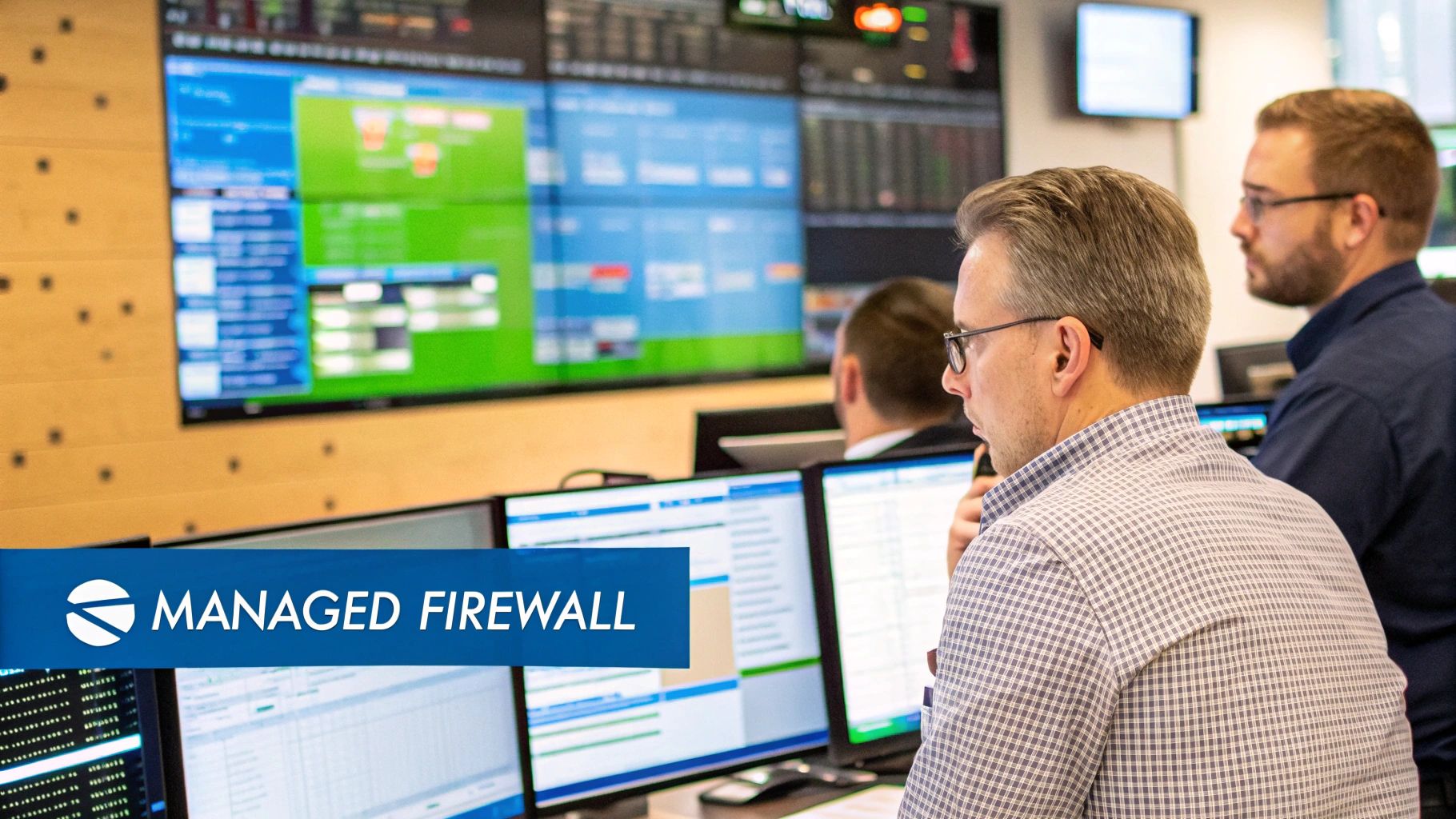 A security operations center with professionals monitoring network data on multiple large screens.