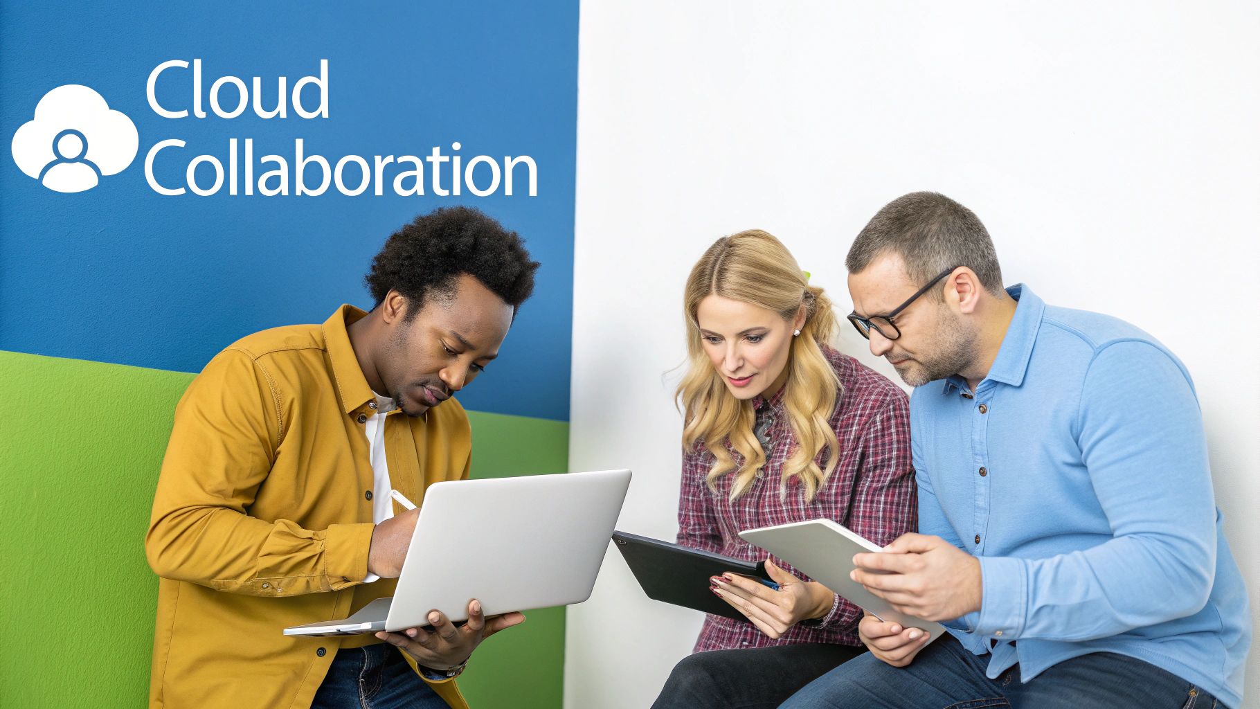 Team members collaborating around a laptop in a modern nonprofit office.