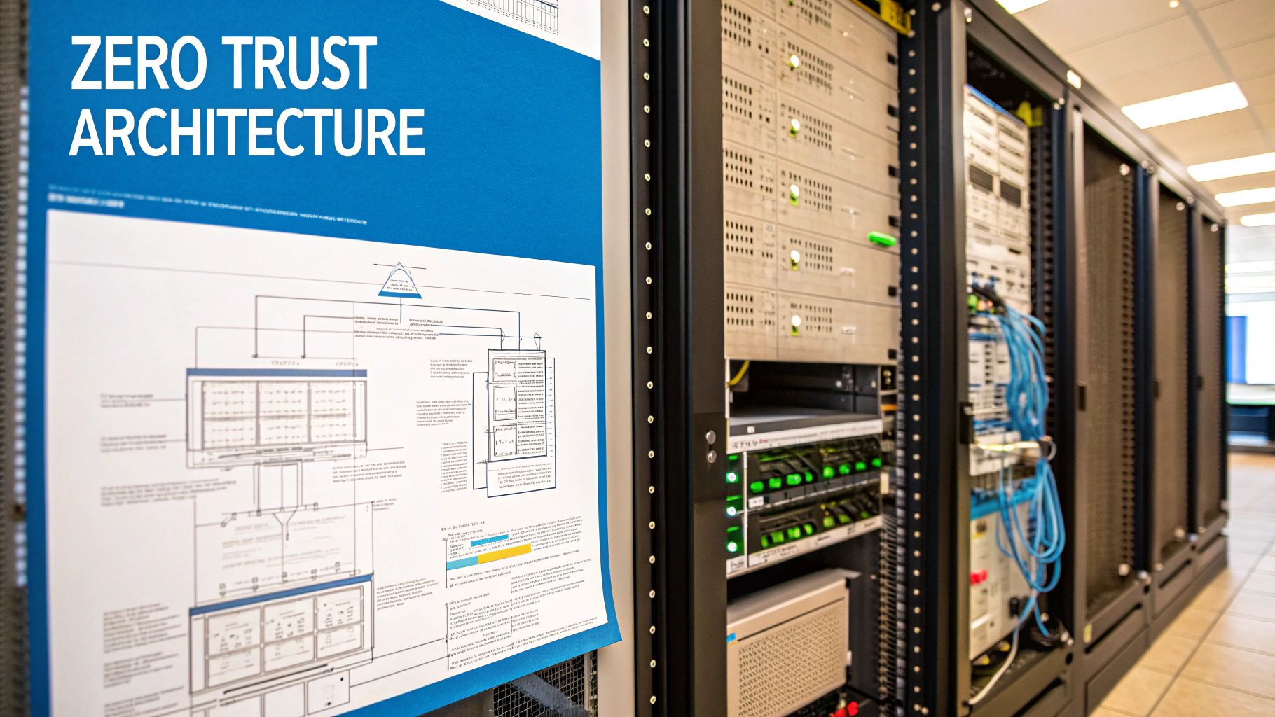 Engineers working with network cables and server racks, symbolizing the construction of a secure IT architecture.