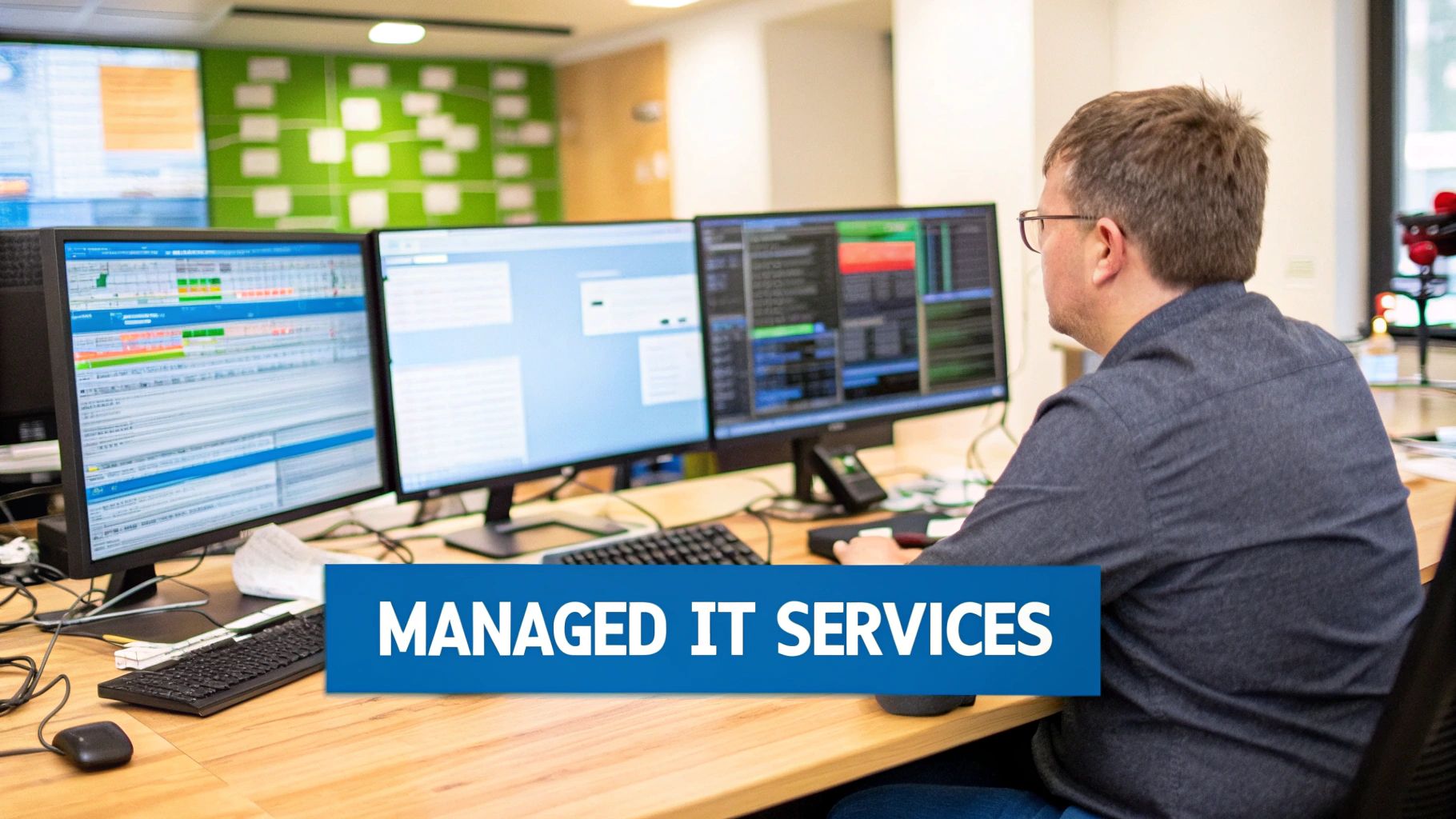 A team of IT professionals working in a modern office, symbolizing the core services managed service providers deliver.