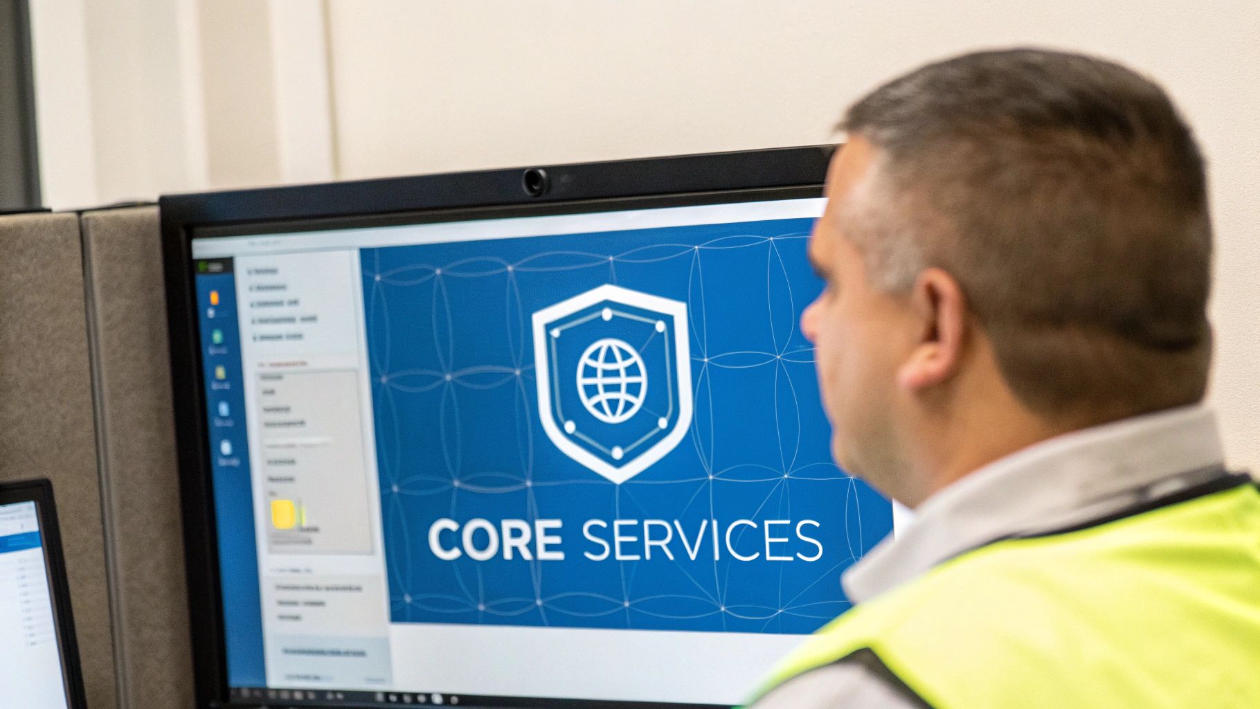 A security professional working on a laptop, representing cybersecurity compliance management.