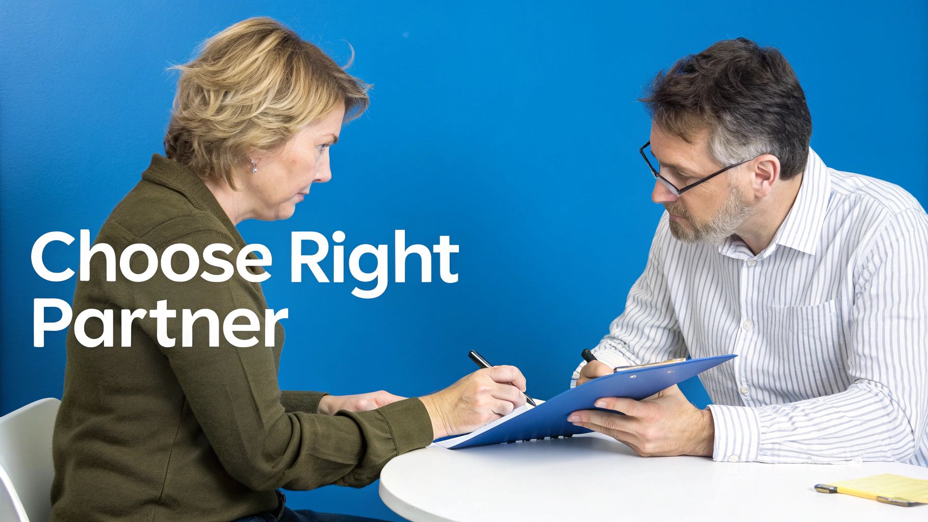 A team of professionals collaborating around a table, symbolizing a partnership decision.