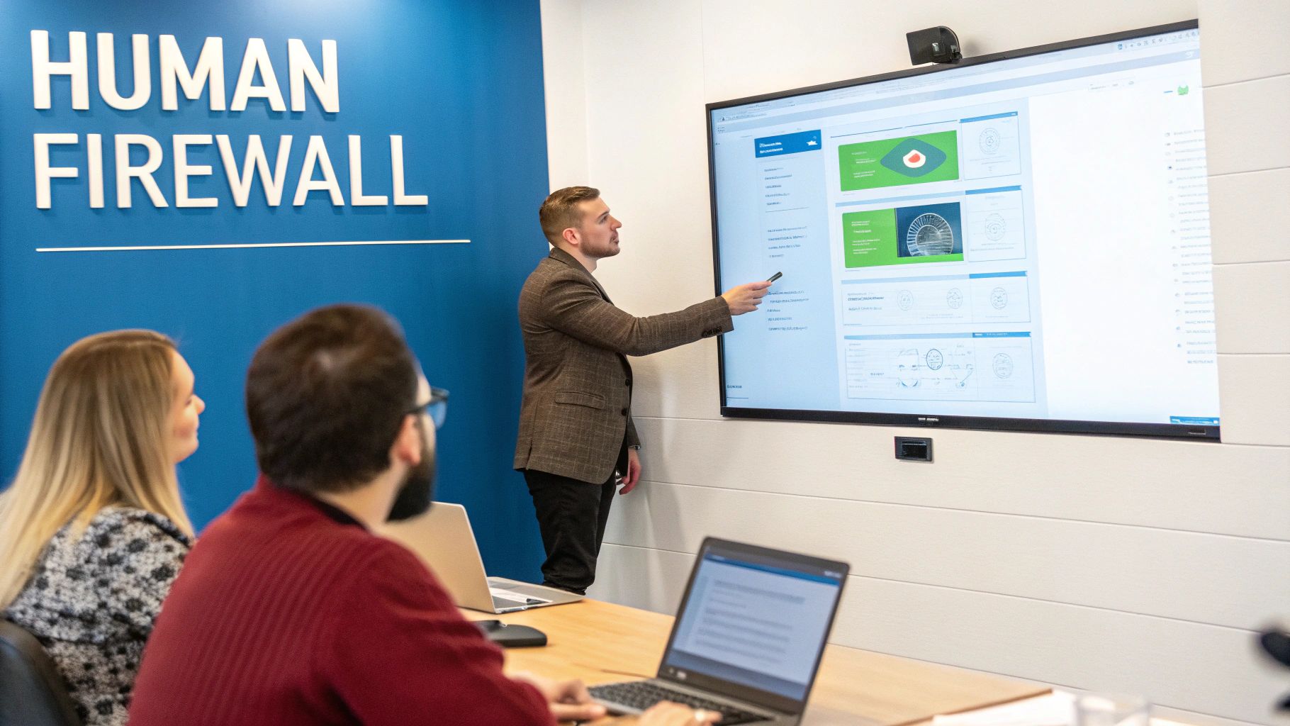 An image showing a diverse group of office workers collaboratively looking at a computer screen, symbolizing teamwork in cybersecurity training.