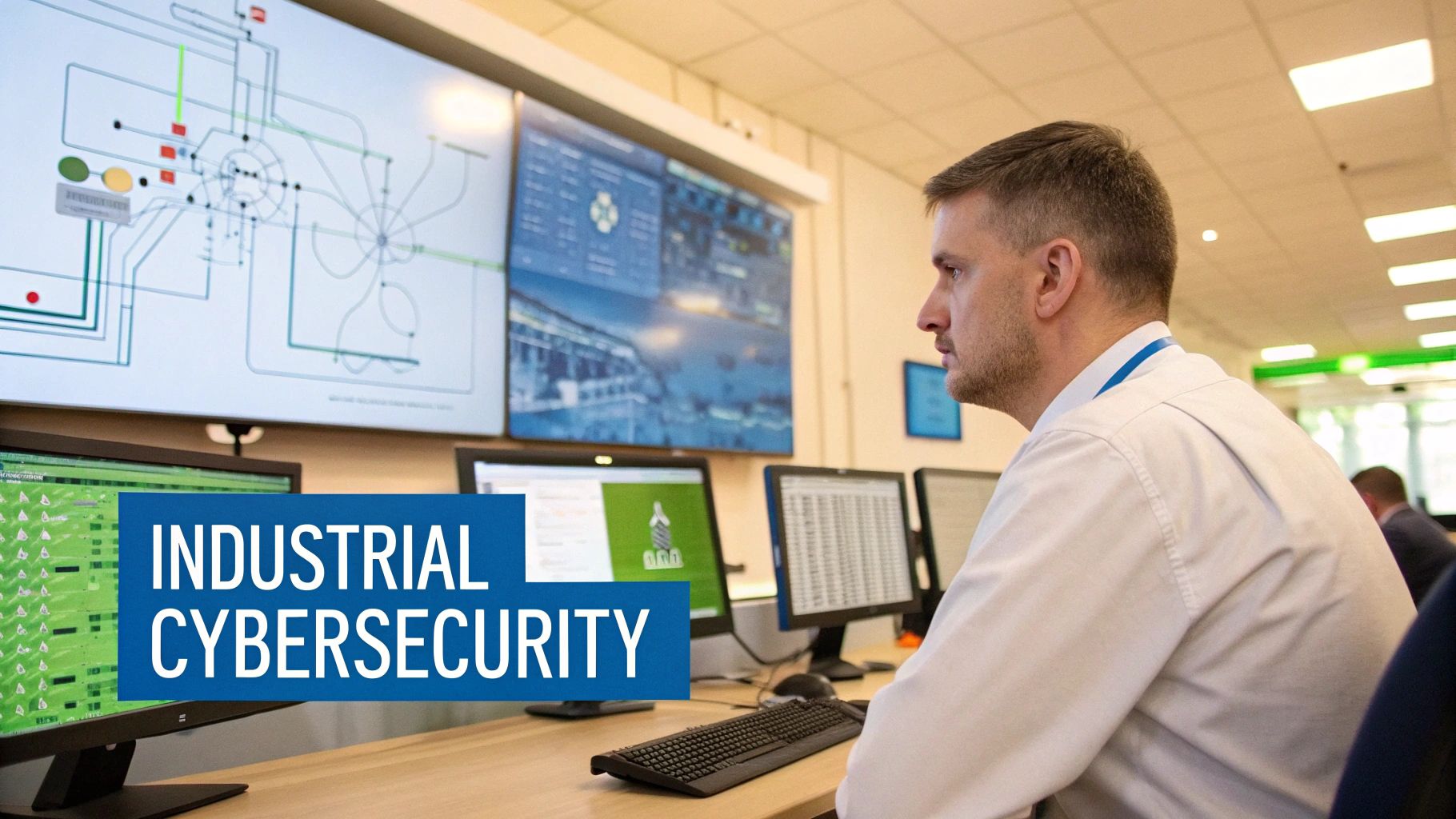 A technician monitoring network performance on a screen, with industrial machinery in the background.