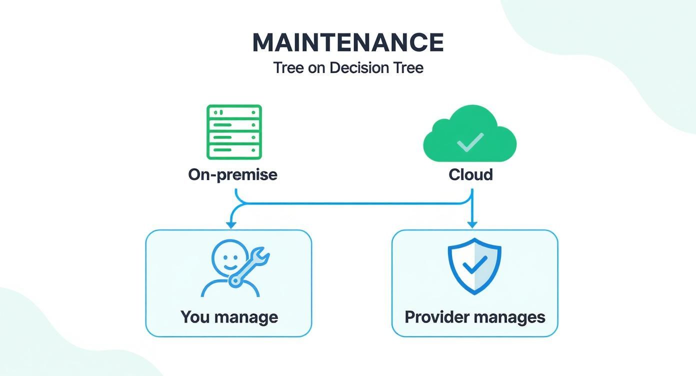 Infographic decision tree showing that on-premise solutions require you to manage maintenance, while cloud solutions have the provider manage it.