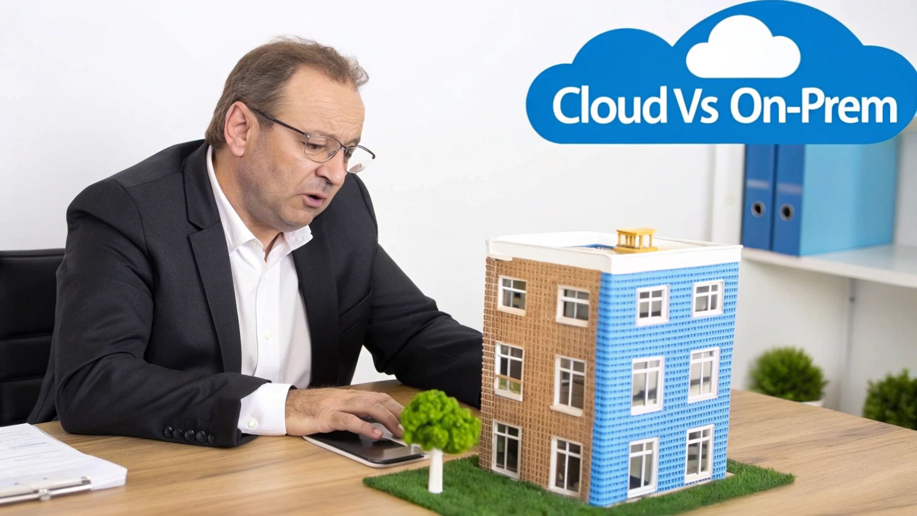 A person working at a desk with both a cloud and a server icon above, representing the choice between cloud vs on premise comparison.
