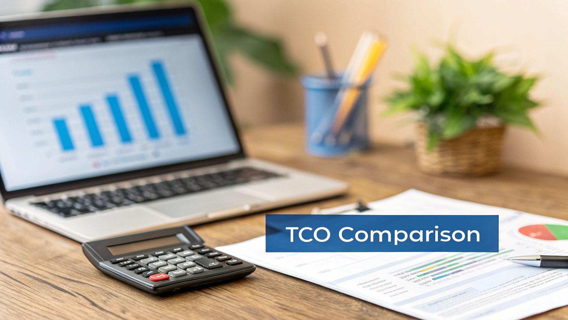 A calculator and charts on a desk, symbolizing the financial analysis in a cloud vs on premise comparison.