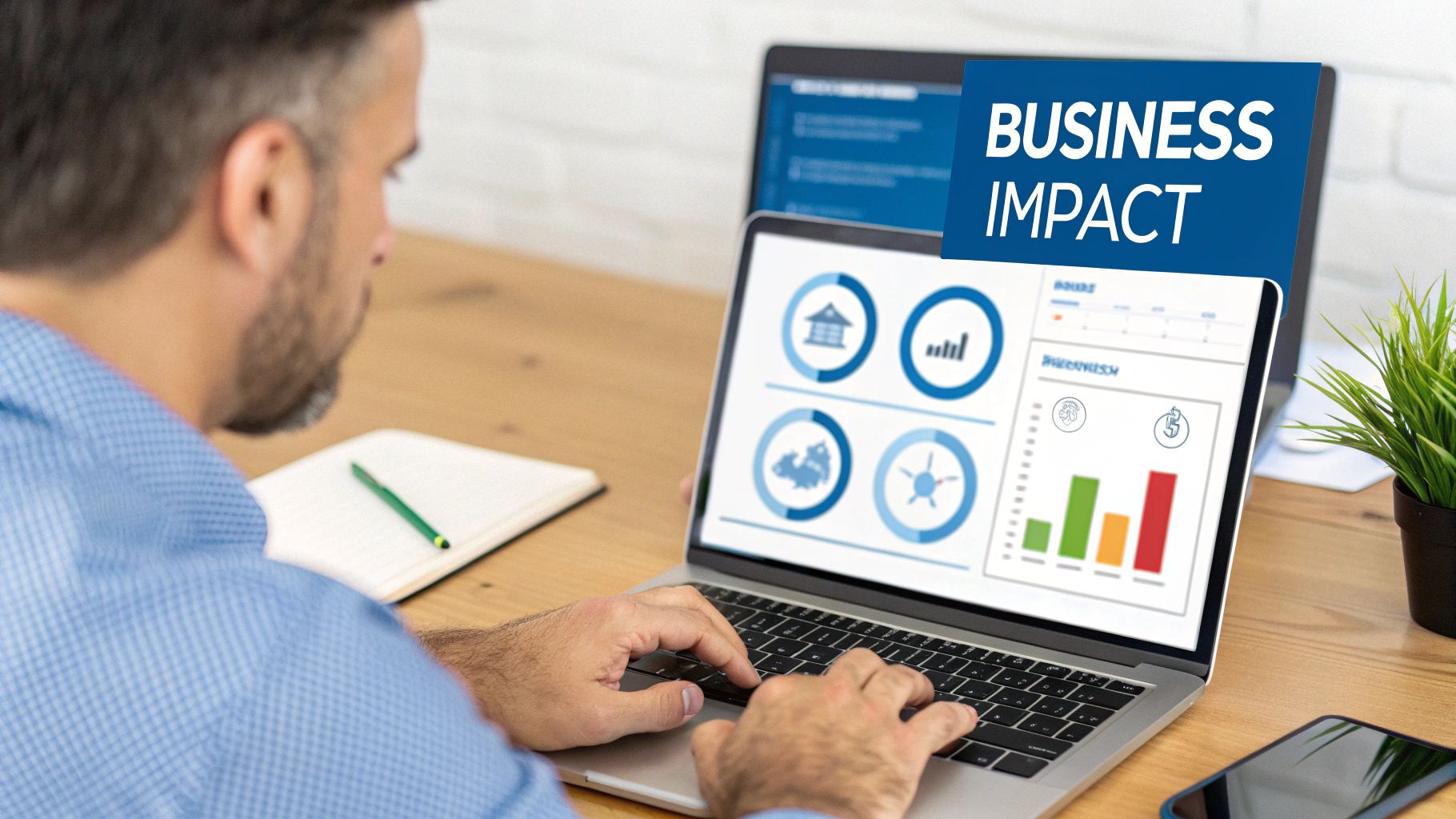 A bar chart showing upward growth on a screen, representing positive business outcomes from strategic IT.