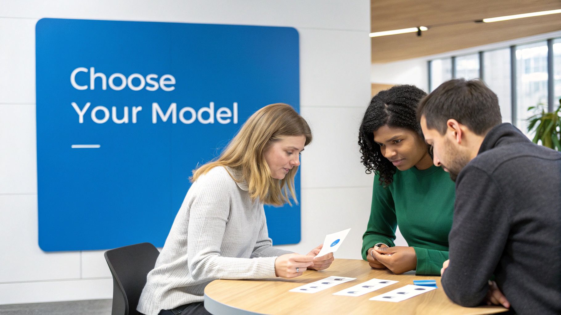 A business owner reviewing different IT service plans on a tablet, symbolizing the choice of a managed services model.