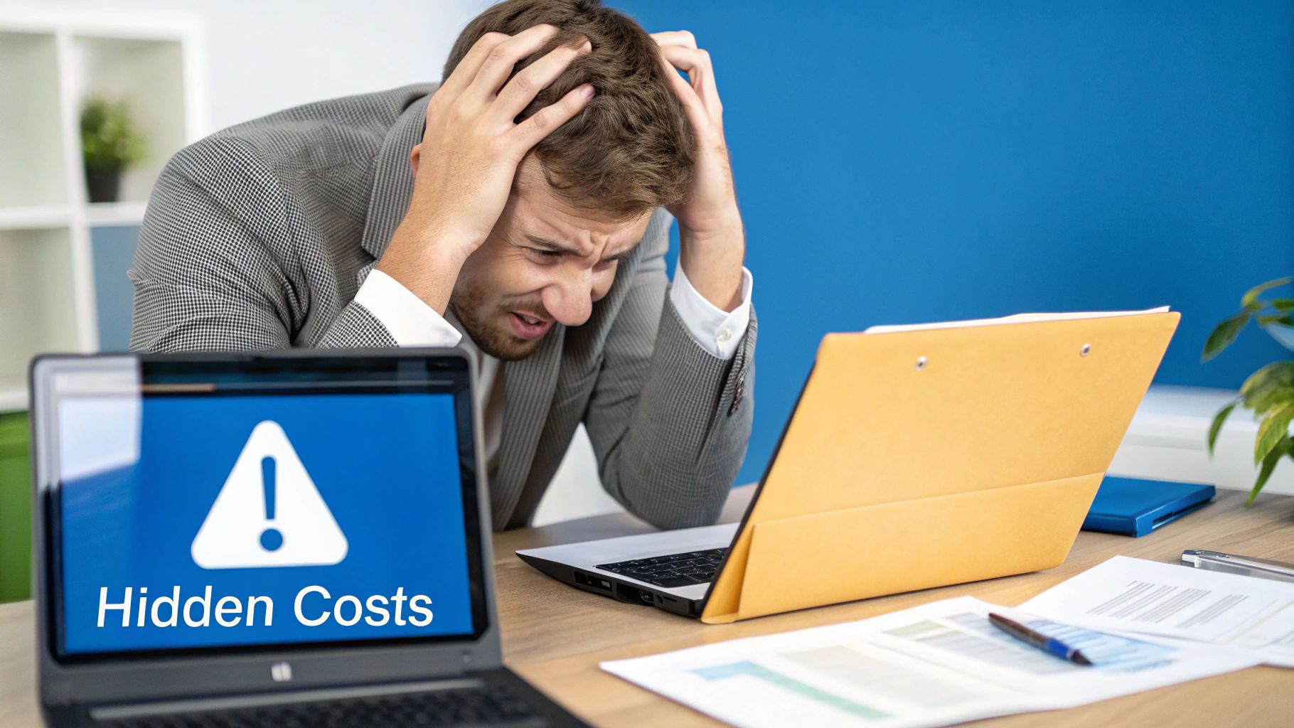 A business owner looking worried while reviewing security alerts on a laptop.