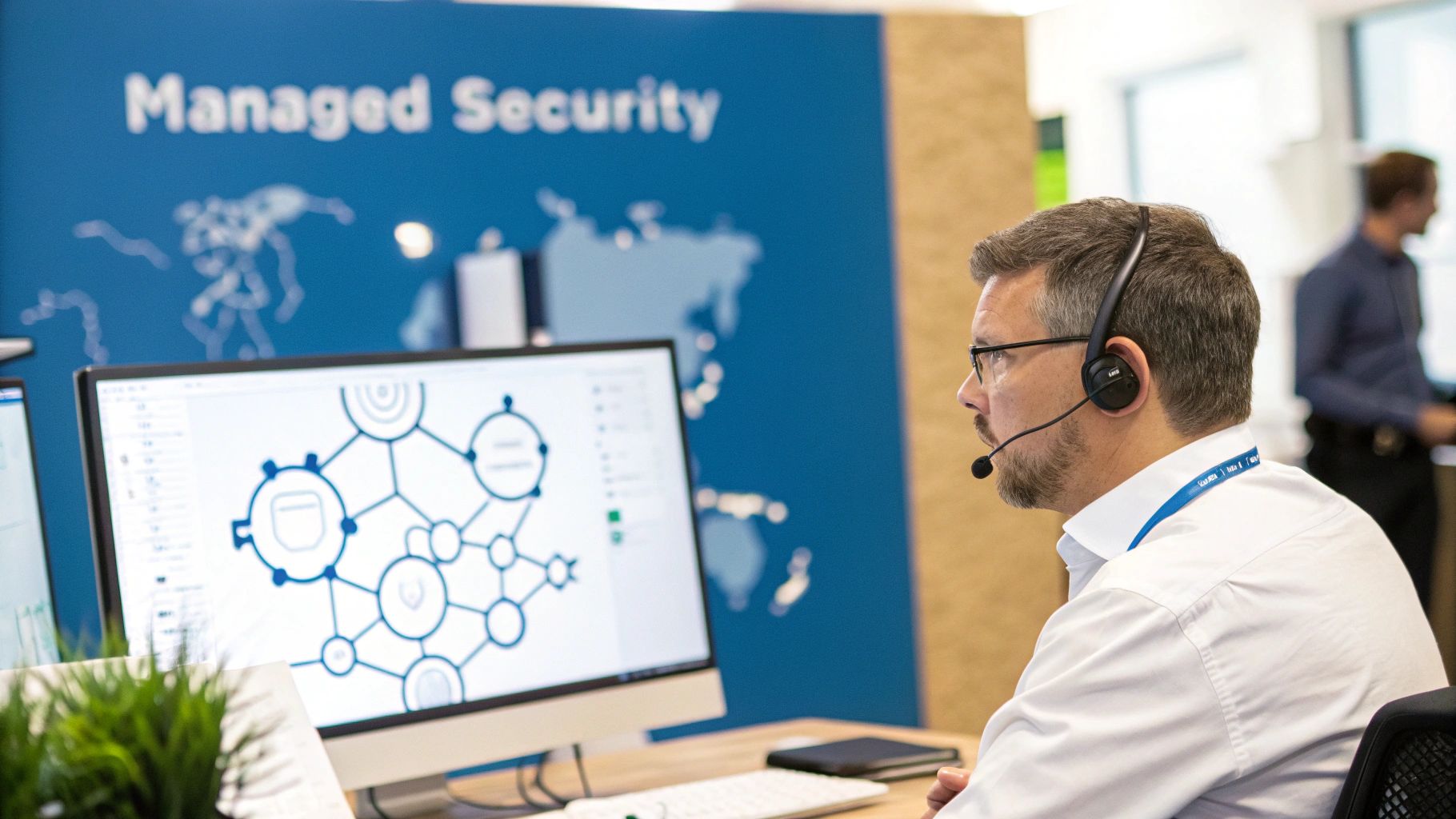 A security operations center with professionals monitoring multiple screens showing network data and threat alerts.