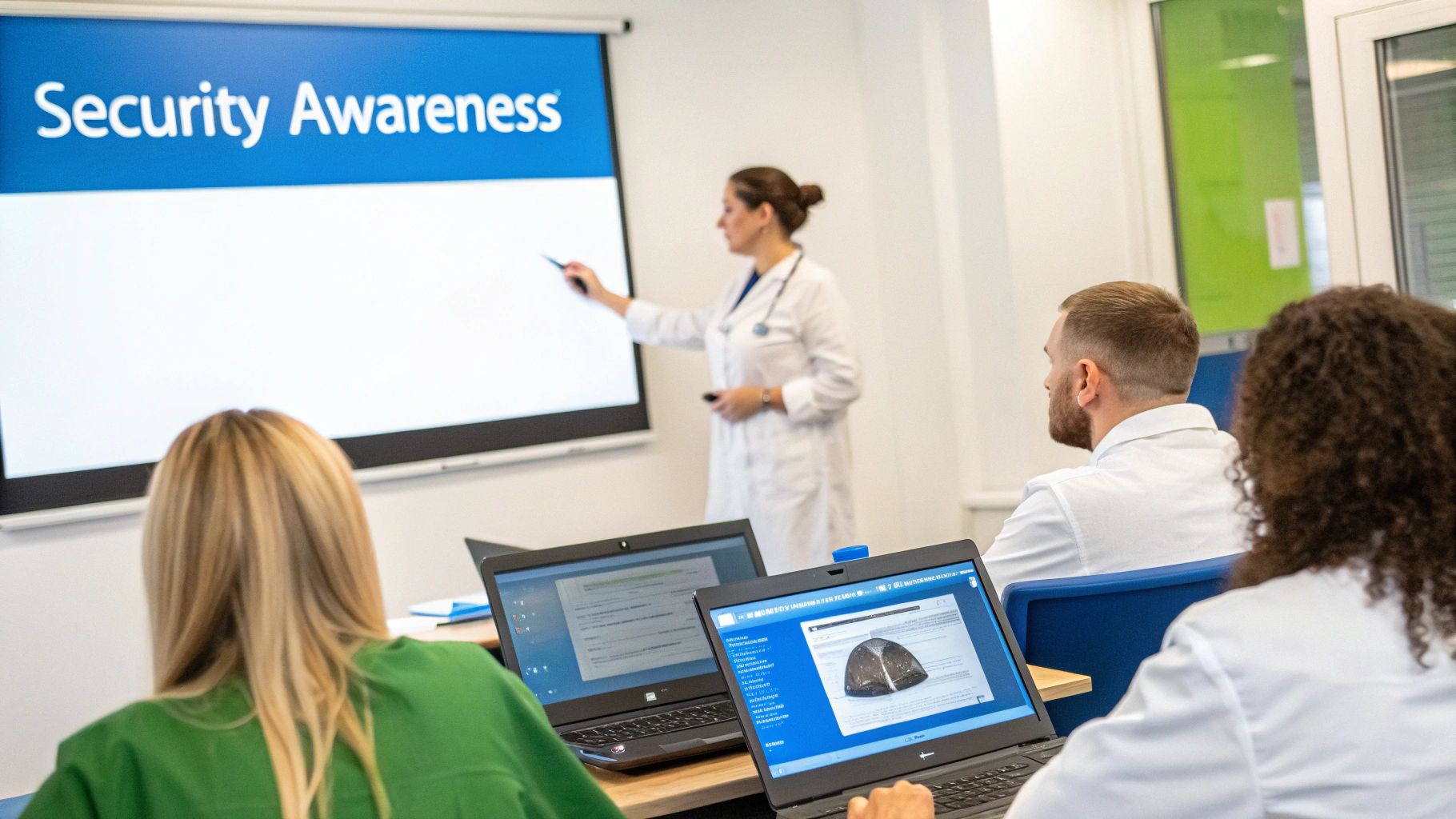 A team of healthcare professionals in a meeting, representing security awareness training.