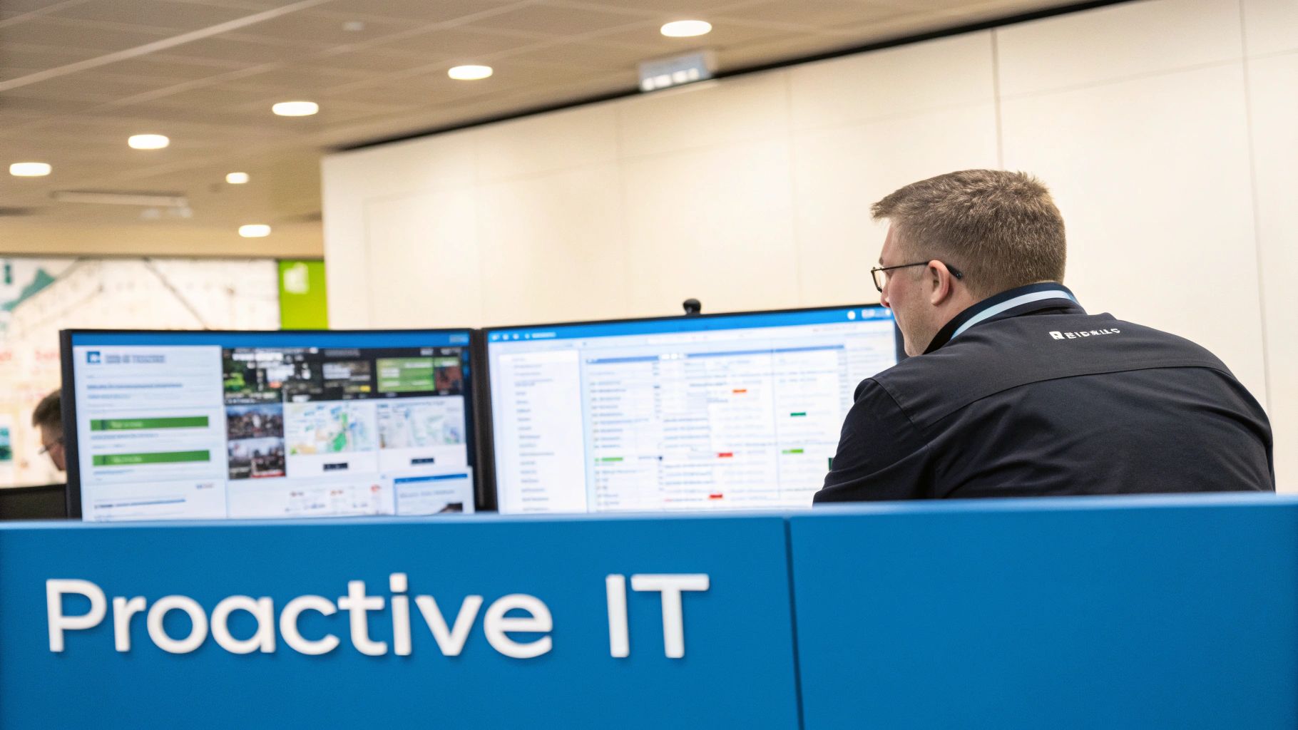 A professional IT technician working on a server rack in a clean data center, representing managed IT services.