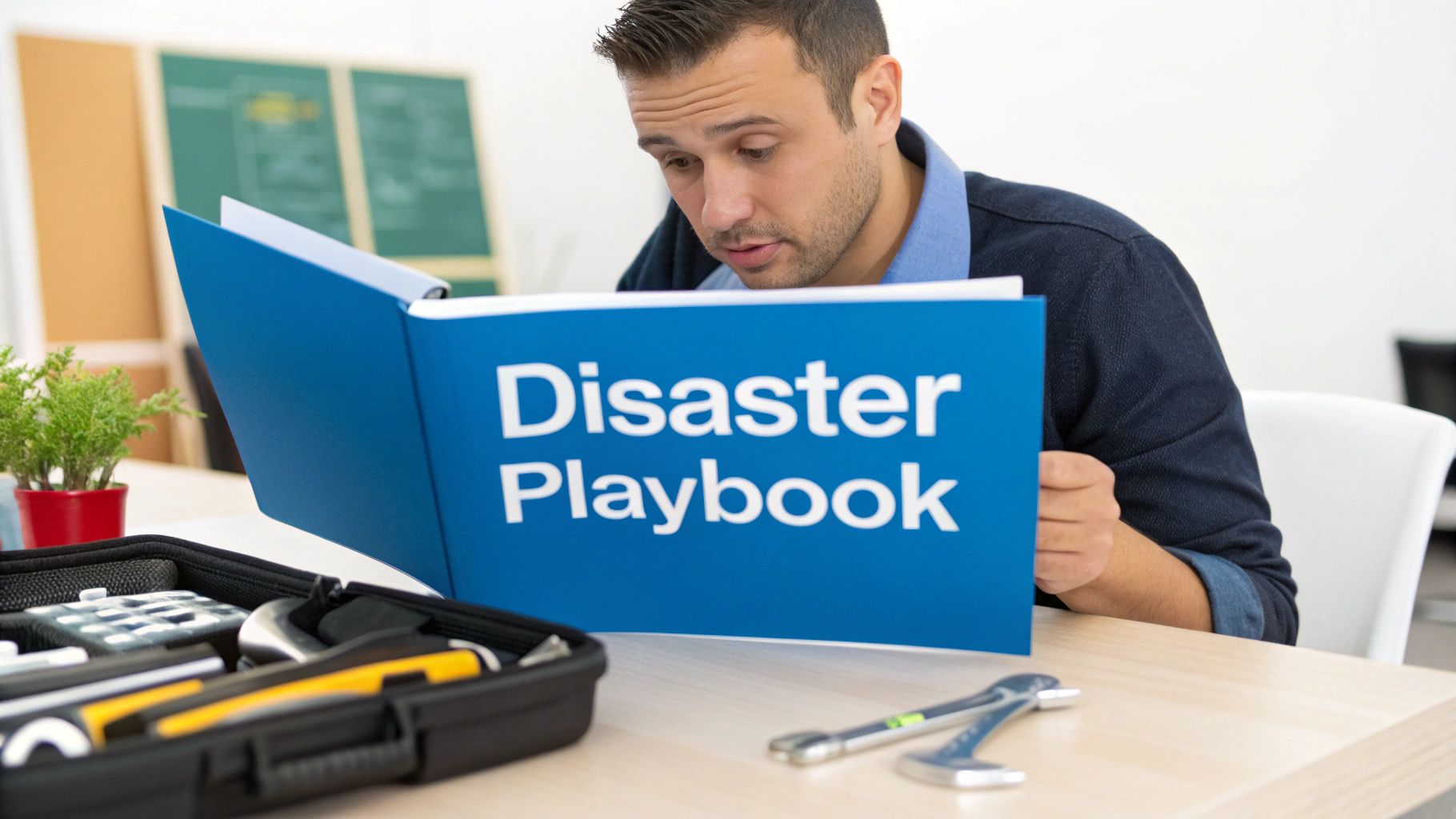 A team of IT professionals working together around a table, collaborating on a disaster recovery plan on laptops and tablets.