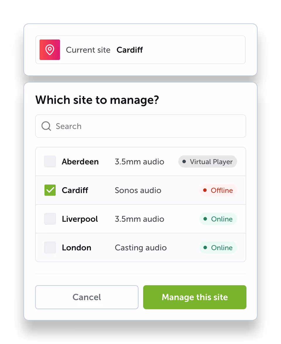 UI showing the selection of sites