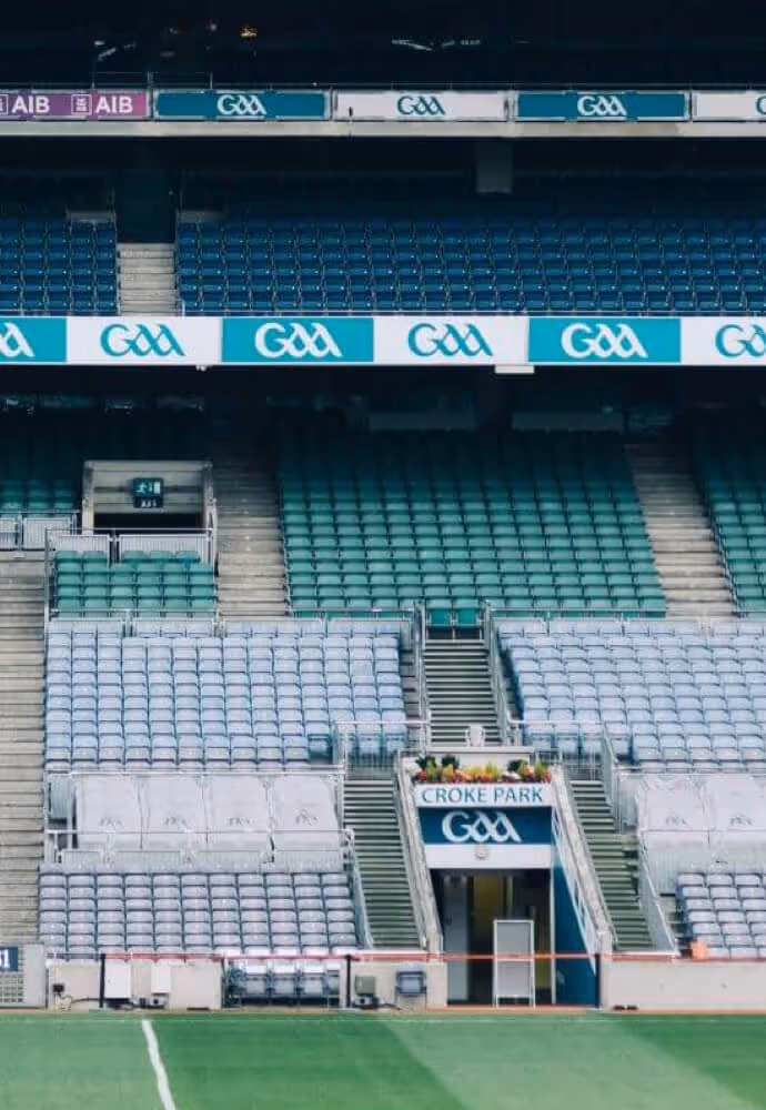 A shot of the entrance to Croke Park from the pitch, with seating and GAA banners