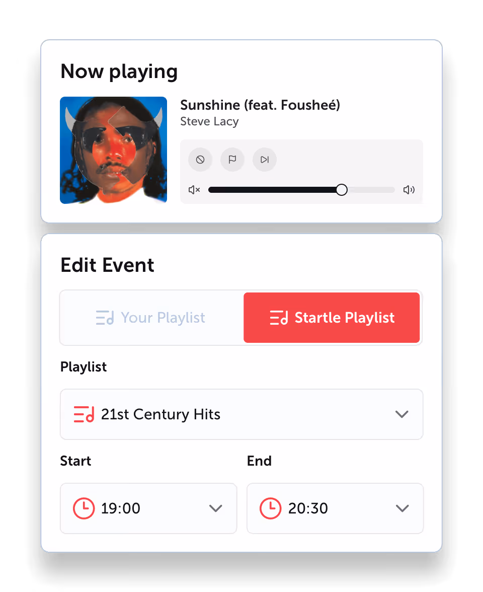 UI showing currently playing song and music scheduling