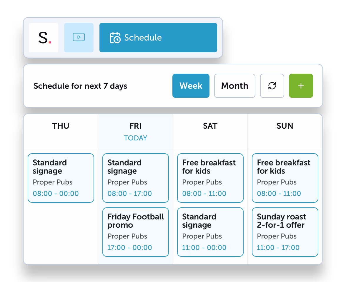 UI showing digital signage schedule