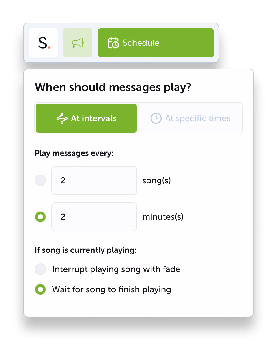 UI showing scheduling of audio messages between songs