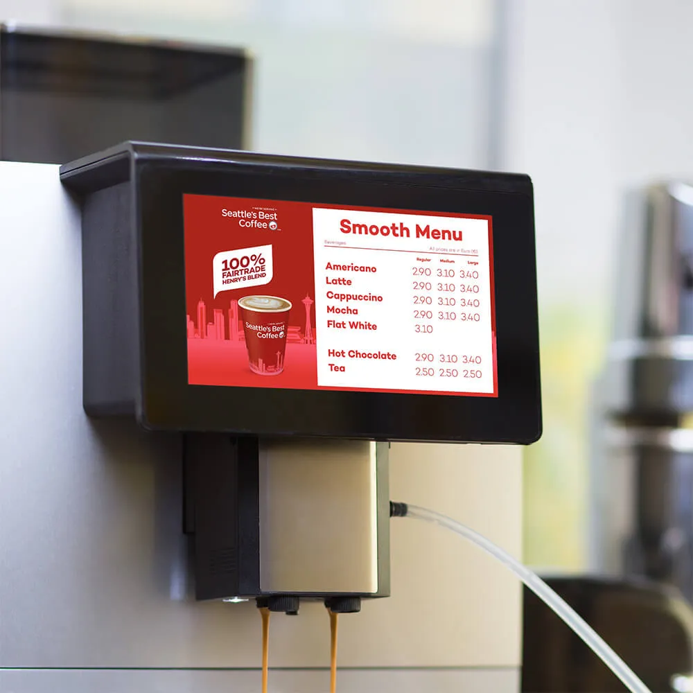Coffee machine showing coffee menu on screen