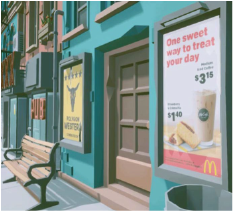 Video game street scene with colorful buildings and benches, featuring prominent in-game advertising posters on the walls, including a McDonald’s ad for iced coffee and a breakfast item.