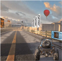 Racing video game scene with a buggy car driving across a bridge, featuring prominent in-game advertising banners including Turner and ELEAGUE logos, as well as branded billboards and signs along the track.