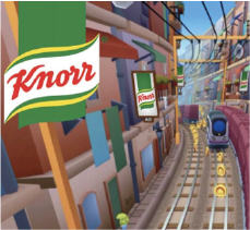 Subway-themed video game scene with a train and collectible coins on the tracks, prominently displaying large Knorr brand banners as in-game advertising.