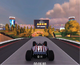 Racing video game scene with a car painted in an American flag design approaching a large digital billboard at the end of the track, featuring multiple brand logos as in-game advertising.