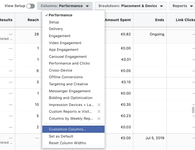 Facebook Ad reporting - Customize Columns