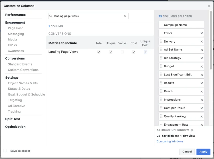 Facebook Ad reporting - landing page views